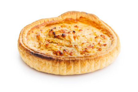 Traditional french pie. Quiche lorraine isolated on the white background.