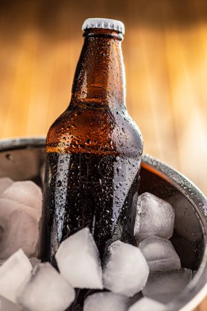 A metal bucket is filled with ice, and one  glass bottles of beer is placed inside it, chilling.