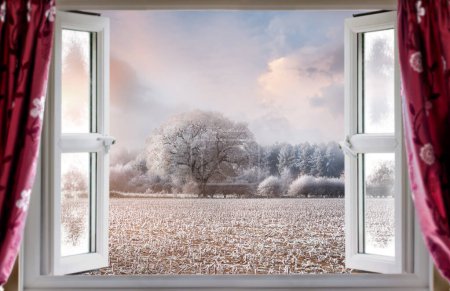 Photo for Looking through open window to beautiful view on to rural winter landscape. Red curtains and double glazed modern lifestyle windows - Royalty Free Image