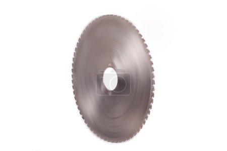 Photo for Spinning giant circular saw blade with big cutting teeth isolated on a white backgroun - Royalty Free Image