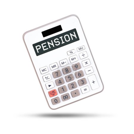 Téléchargez les photos : Calculez votre concept de pension sur calculatrice blanche isolée sur fond blanc sans affichage - en image libre de droit
