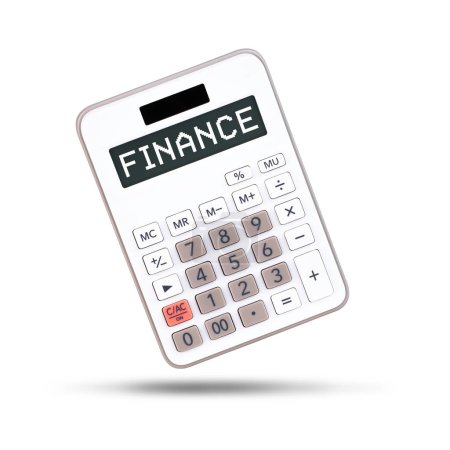 Photo for Finance text on white calculator isolated on white background with no display - Royalty Free Image