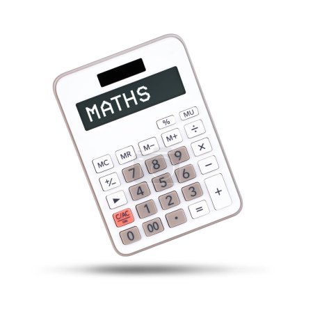 Téléchargez les photos : Calculatrice de maths blanches isolée sur fond blanc sans affichage - en image libre de droit