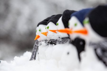 Téléchargez les photos : De beaux bonhommes de neige de Noël se rapprochent avec des nez de carotte dans une rangée, vêtus de vêtements mignons déteste et écharpes dans la neige d'hiver - en image libre de droit
