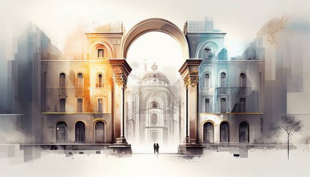 Photo for Pastel colors dance together in this illustration, capturing the architectural beauty with seemingly abstract shapes. These elegant lines and curves give the impression that the building is transforming right before our eyes. It's as if we're witness - Royalty Free Image