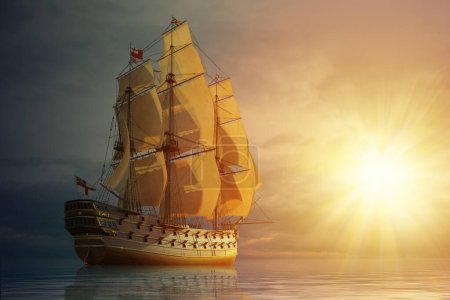 Photo for Wooden sailboat looks like H.M.S Leopard galleon ship at the open ocean on the calm water under the cloudy sky. The boat sails from the dark side to the shining sun on the horizon. 3D render illustration. - Royalty Free Image