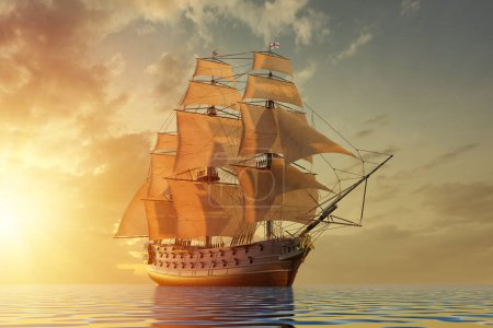 Foto de La foto muestra un viejo barco galeón inspirado en el HMS Leopard, en un mar tranquilo al atardecer. Los colores cálidos del atardecer crean una atmósfera serena, y las velas del barco y los detalles intrincados se suman a su encanto histórico.. - Imagen libre de derechos