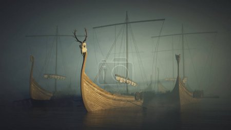 Multiple Viking ships in the calm waters blanketed in a thick, mystifying fog. Soft sunlight gently illuminates the scene, casting an eerie yet serene ambiance.
