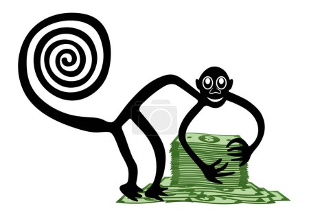 Ilustración de Mono con una pila de dinero - una paráfrasis del famoso geoglifo El Mono de Nazca, desierto de Nazca, Perú, América del Sur - Imagen libre de derechos