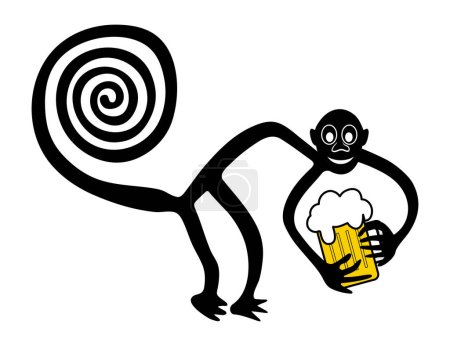 Ilustración de Mono con cerveza - paráfrasis del famoso geoglifo del Mono de Nazca, Líneas de Nazca, Desierto de Nazca, Perú - Imagen libre de derechos