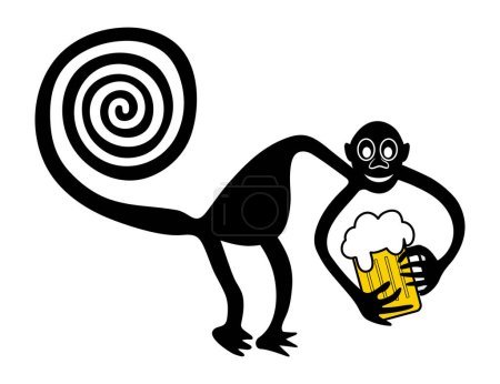 Ilustración de Mono con cerveza y barriga de cerveza - paráfrasis del famoso geoglifo del Mono de Nazca, Líneas de Nazca, Desierto de Nazca, Perú - Imagen libre de derechos