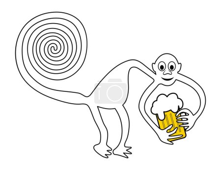 Ilustración de Mono con cerveza y barriga de cerveza - paráfrasis del famoso geoglifo del Mono de Nazca, Líneas de Nazca, Desierto de Nazca, Perú - Imagen libre de derechos