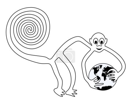 Ilustración de Mono con la Tierra en las manos - paráfrasis del famoso geoglifo del Mono de Nazca, Líneas de Nazca, Perú - Imagen libre de derechos