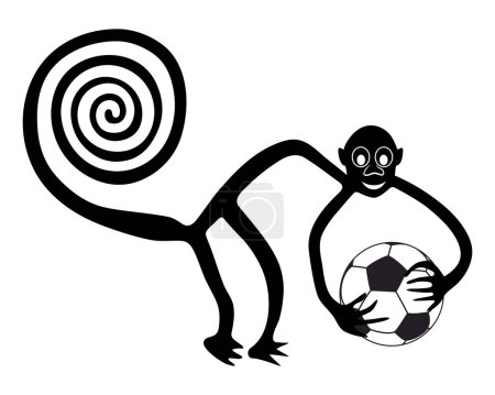 Ilustración de Mono con la pelota de fútbol en las manos - paráfrasis del famoso geoglifo del Mono de Nazca, Líneas de Nazca, Perú - Imagen libre de derechos