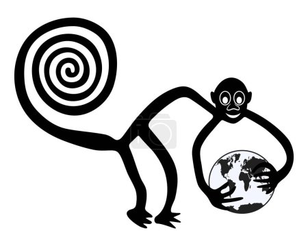 Ilustración de Mono con la Tierra en las manos - paráfrasis del famoso geoglifo del Mono de Nazca, Líneas de Nazca, Perú - Imagen libre de derechos
