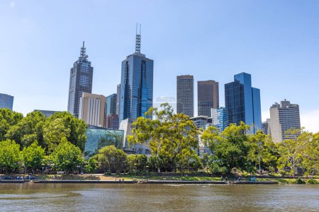 City view of downtown Melbourne with modern architecture and the Yarra river. No recognizable people when viewed at 100%.