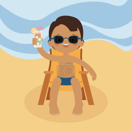Téléchargez les illustrations : Amusant. Joyeux garçon assis à côté de la mer ou de l'océan sur chaiselong, et tenant un verre d'été. Joyeux garçon qui s'amuse sur la plage. Loisirs et divertissements d'été. Illustration vectorielle - en licence libre de droit