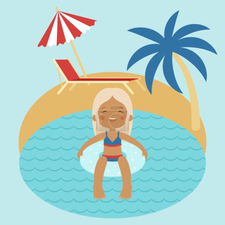 Illustration for Summer fun on a beach. Happy little girl swimming on an inflatable lap in the water. Happy child having fun on the beach. Summer entertainment. Vector illustration - Royalty Free Image