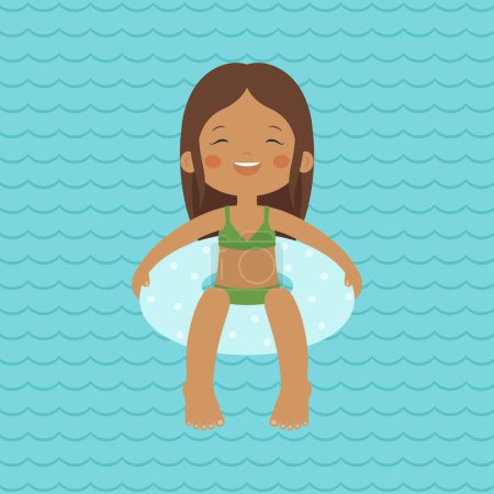 Téléchargez les illustrations : Amusant. Bonne petite fille nageant sur un genou gonflable dans l'eau. Enfant heureux s'amusant sur l'océan ou la mer. Amusement d'été pour les enfants. Illustration vectorielle - en licence libre de droit