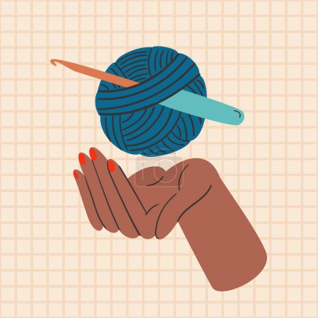 Illustration for Crocheting conceptual hand-drawn illustration. Dark skin female hand holding yarn and hook. Vector art - Royalty Free Image