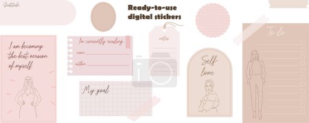 Illustration for Digital note papers and stickers for digital bullet journaling or planning. Digital stickers for digital planner. Hand drawn beautiful young girls. Minimal style. Vector art. - Royalty Free Image