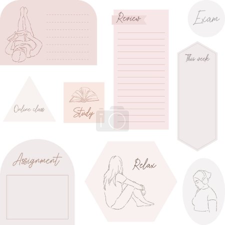 Illustration for Digital note papers and stickers for digital bullet journaling or planning. Ready to use digital stickers for digital planner. Hand lettering. Minimal style. Vector art. - Royalty Free Image