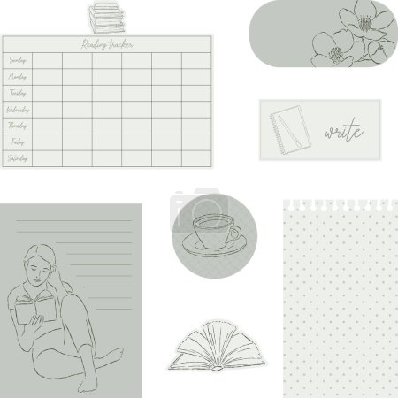 Illustration for Digital note papers and stickers for bullet journaling or planning. Ready to use digital stickers for digital planner. Hand lettering. Minimal style. Vector art. - Royalty Free Image