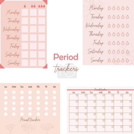 Illustration for Period trackers. Digital stickers for bullet journaling or planning. Ready to use digital stickers for planner. Woman's health tracker. Vector art. - Royalty Free Image