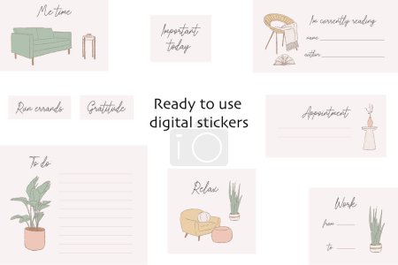 Illustration for Ready to use minimalist digital stickers. Digital note papers and stickers for digital bullet journaling or planning. Essential stickers. Vector art. - Royalty Free Image