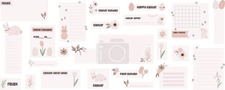 Illustration for Easter digital stickers. Digital note papers and stickers for digital bullet journaling or planning. Hand-drawn Easter bunny, Easter eggs and florals.  Vector art. - Royalty Free Image