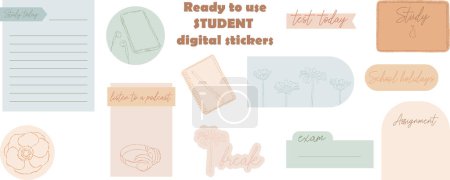 Illustration for Student's digital stickers. Digital note papers and stickers for bullet journaling or planning. Ready to use digital stickers for planner. Hand lettering. Minimal style. Vector art. - Royalty Free Image
