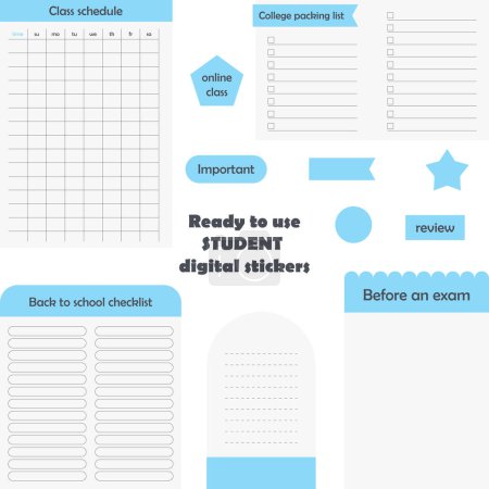 Illustration for Student's digital stickers. Digital note papers and stickers for bullet journaling or planning. Ready to use student digital stickers. Back to school stickers. Vector art. - Royalty Free Image