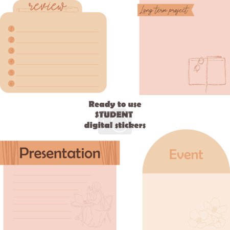 Illustration for Student's digital stickers. Digital note papers and stickers for bullet journaling or planning. Ready to use student digital stickers. Minimal style. Vector art. - Royalty Free Image