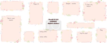 Illustration for Ready to use floral student digital stickers. Digital note papers and stickers for bullet journaling or planning. Back to school planner stickers. Vector art. - Royalty Free Image