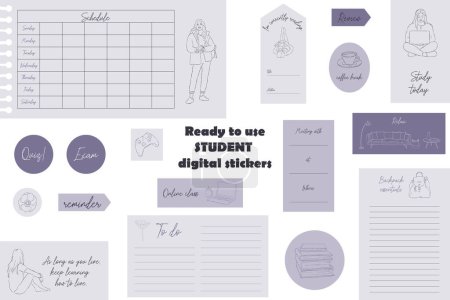 Illustration for Ready to use violet student digital stickers. Digital note papers and stickers for bullet journaling or planning. Back to school planner stickers. Vector art. - Royalty Free Image