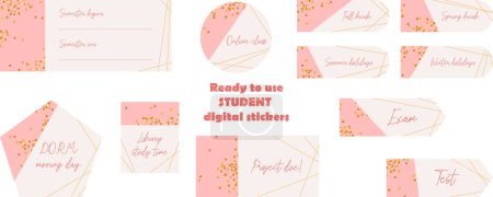 Illustration for Ready to use pink and gold student digital stickers. Digital note papers and stickers for bullet journaling or planning. Back to school planner stickers. Vector art. - Royalty Free Image