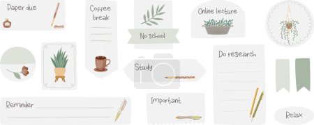 Illustration for Ready to use student digital stickers. Digital note papers and stickers for bullet journaling or planning. Back to school planner stickers. Vector art. - Royalty Free Image