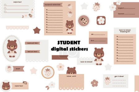 Illustration for Back to school digital stickers. Kawaii bear student stickers. Vector art. - Royalty Free Image