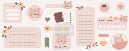 Illustration for Kawaii digital stickers with cute bear. Digital note papers and stickers for bullet journaling or planning. Vector art. - Royalty Free Image
