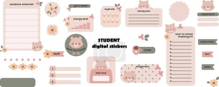 Illustration for Kawaii digital stickers for students with cute bear. Digital note papers and stickers for bullet journaling or planning. Student digital stickers. Vector art. - Royalty Free Image