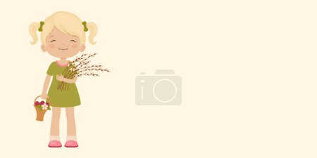 Ilustración de Plantilla de banner de Pascua con niño feliz sosteniendo una cesta de huevos de Pascua. Feliz niño festivo. Diseño de póster horizontal. - Imagen libre de derechos