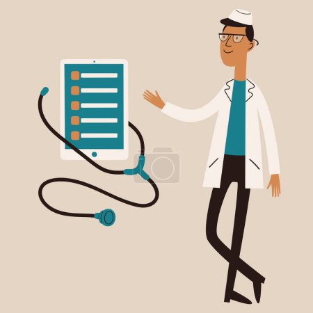 Illustration for Electronic health concept. Cartoon doctor character staying next to a tablet and stethoscope. E-health in modern medicine. Retro vector illustration. - Royalty Free Image