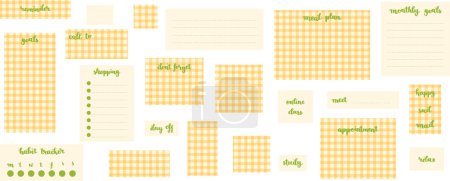 Illustration for Ready to use essential digital stickers. Digital note papers and stickers for bullet journaling or planning. Hand-lettering on checkered background. Vector art. - Royalty Free Image