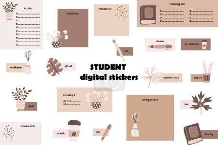 Illustration for Digital stickers for students. Digital note papers and stickers for bullet journaling or planning. Student digital stickers. Vector cut out art. - Royalty Free Image