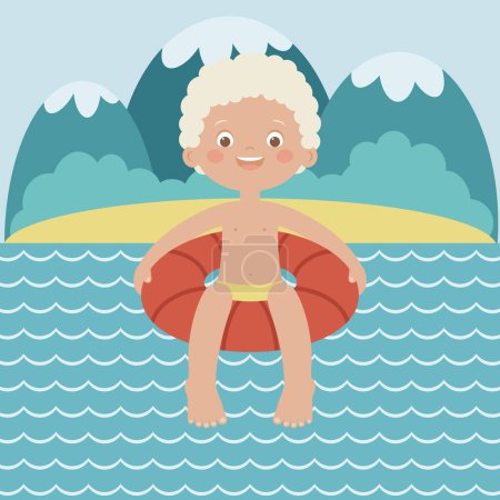 Téléchargez les illustrations : Amusement d'été sur un lac de montagne. Joyeux petit garçon nageant sur un genou gonflable dans l'eau. Joyeux enfant qui s'amuse dans le lac. Animations estivales. Illustration vectorielle - en licence libre de droit