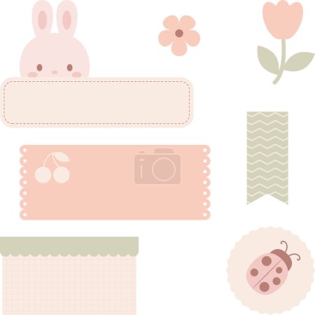 Illustration for Cute digital note papers and stickers for bullet journaling or planning. Kawaii bunny, flower, and ladybug. Ready to use digital stickers for digital planner. Vector art. - Royalty Free Image