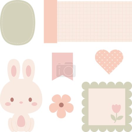 Illustration for Cute digital note papers and stickers for bullet journaling or planning. Kawaii bunny, and flowers. Ready to use digital stickers for digital planner. Vector art. - Royalty Free Image
