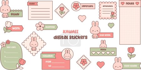 Illustration for Cute digital note papers and stickers for digital bullet journaling or planning. Kawaii bunny and flowers. Ready to use digital stickers for digital planner. Vector art. - Royalty Free Image