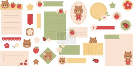 Illustration for Cute digital note papers and stickers for digital bullet journaling or planning. Kawaii bear, lady bug, strawberry, and flower. Ready to use digital stickers for digital planner. Vector art. - Royalty Free Image