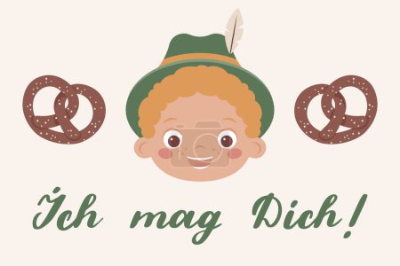 Illustration for "Ich mag dich" hand drawn vector lettering in German, in English means "I like you". German hand lettering with happy Bavarian boy, perfect for greeting card design. Vector illustration - Royalty Free Image